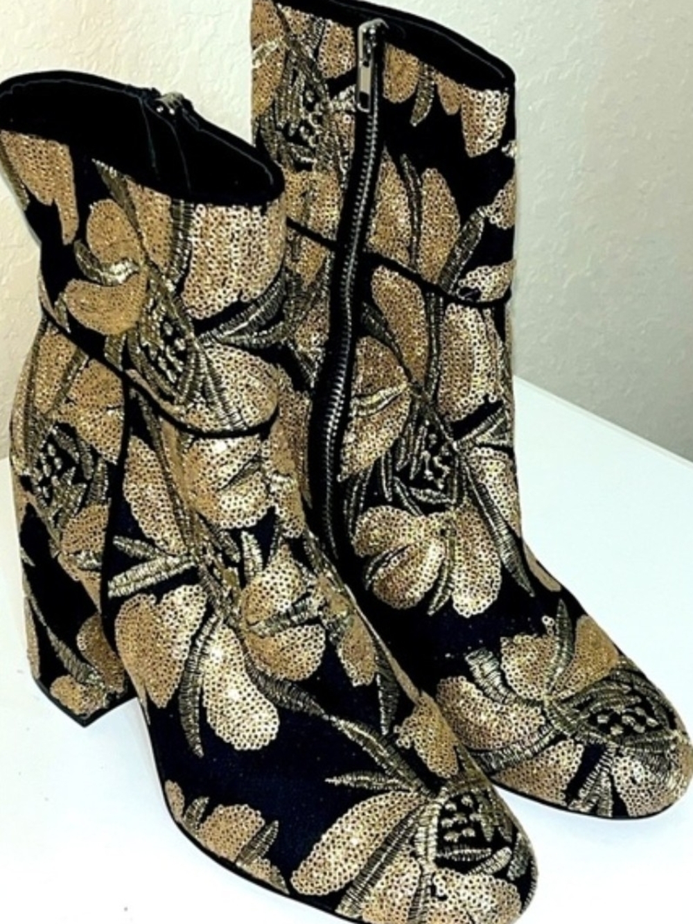 Gold Floral Sequin Ankle Boots - Women's Fashion Booties